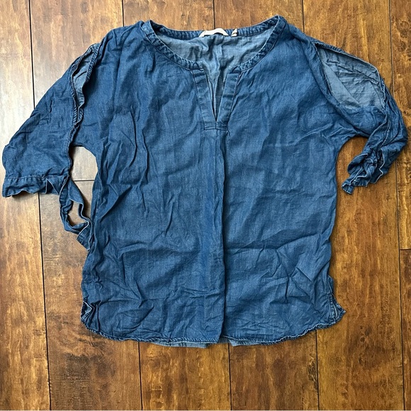 Soft Surroundings Tunic Top Womens LG  Chambray Cold Shoulder Tencel Cottagecore - Picture 6 of 10